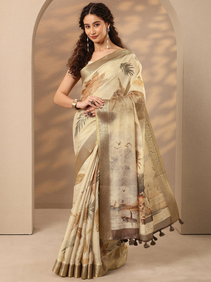 Beige Printed Silk Blend Saree With Unstitched Blouse Piece