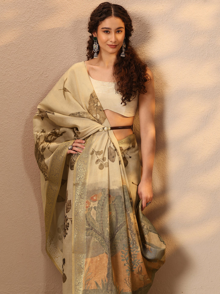 Beige Printed Silk Blend Saree With Unstitched Blouse Piece