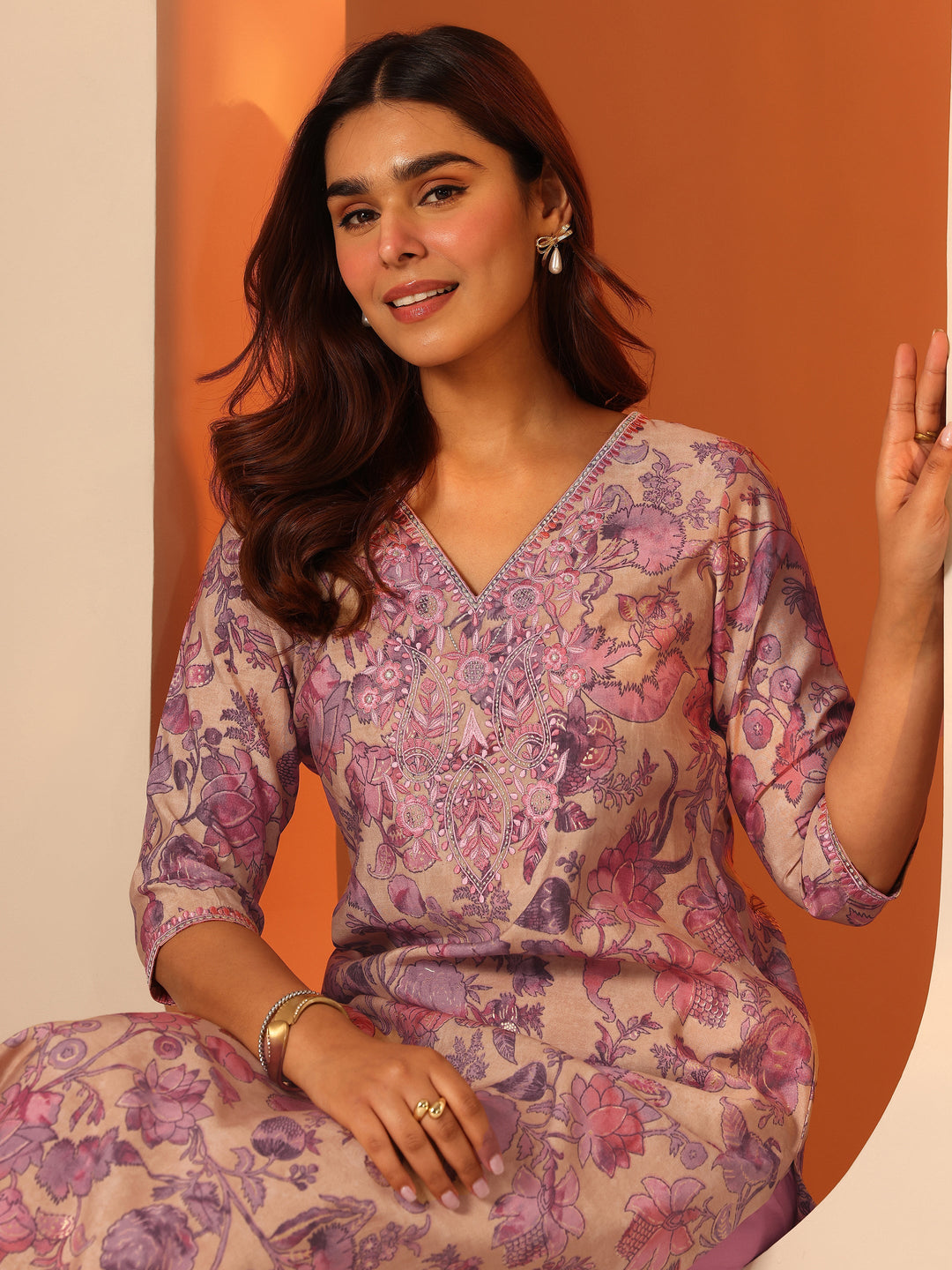 Beige Printed Silk Blend Straight Kurta Set