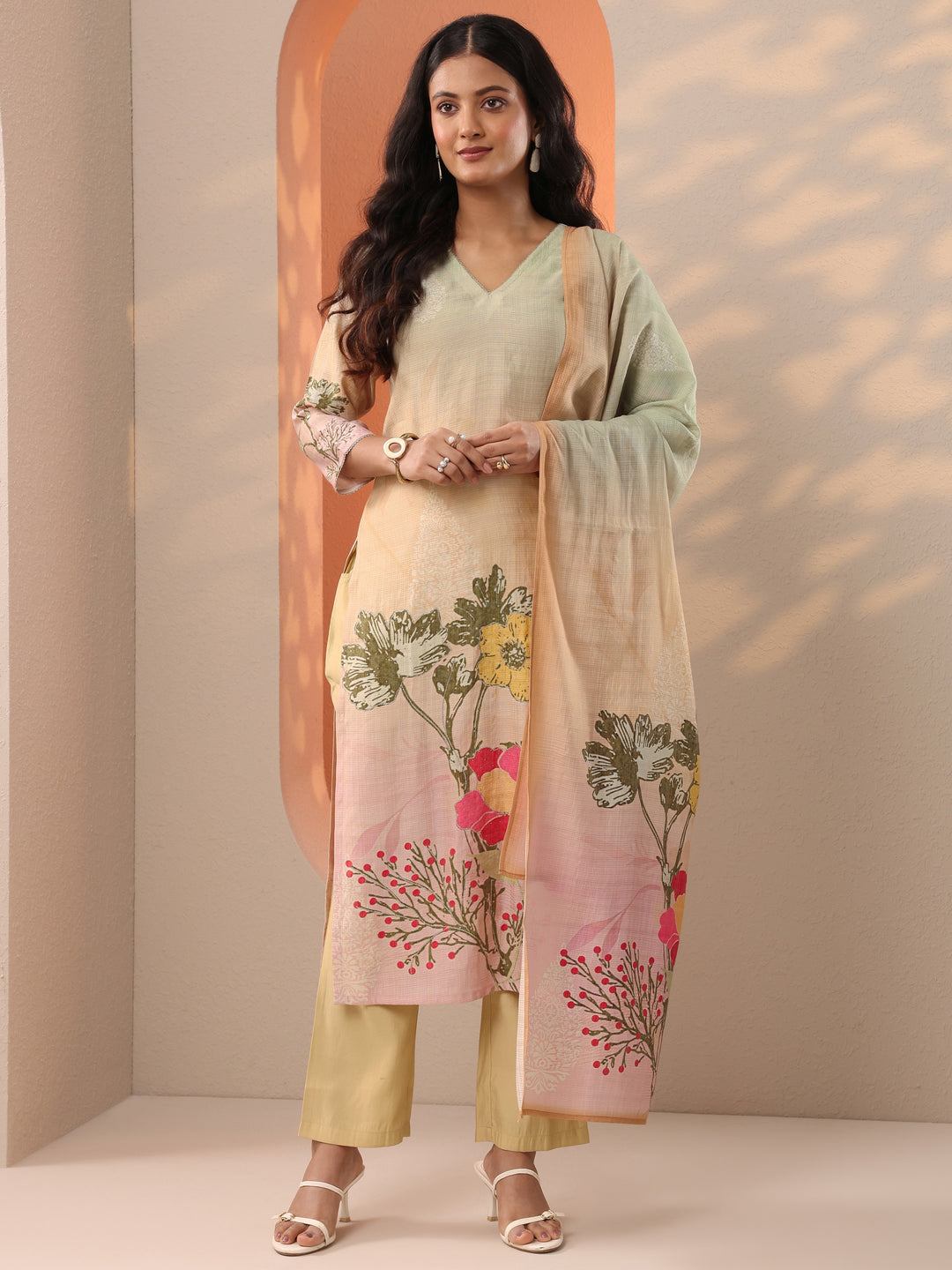 Beige Printed Silk Blend Straight Suit Set With Dupatta