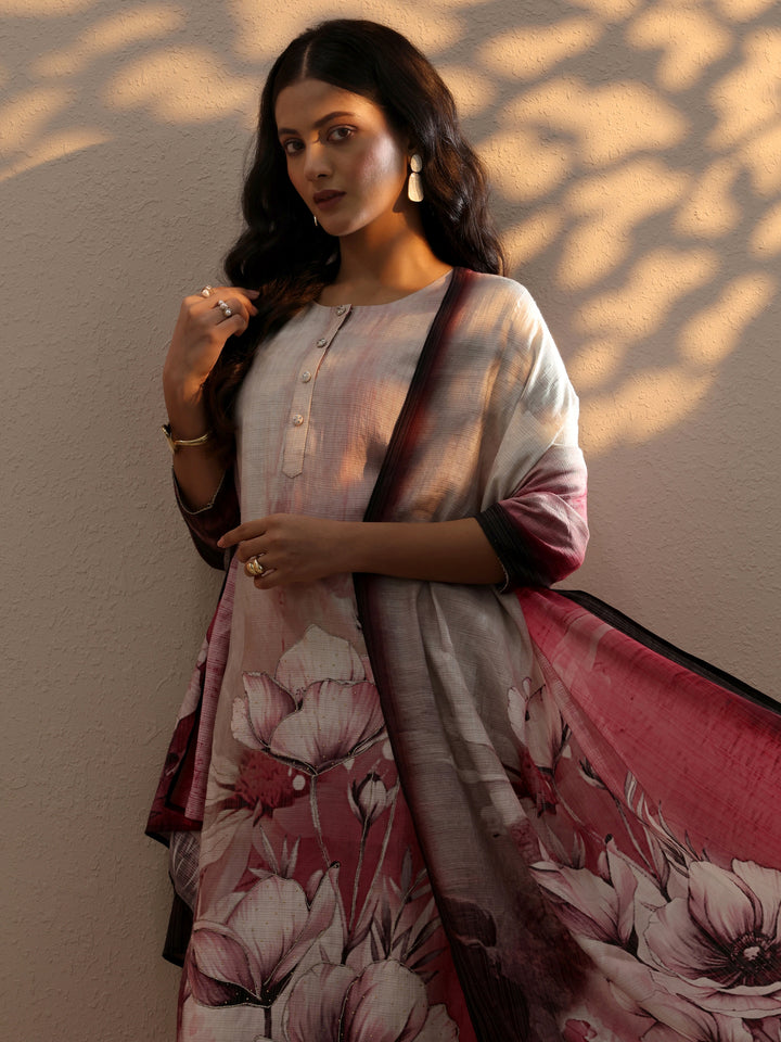 Beige Printed Silk Blend Straight Suit Set With Dupatta