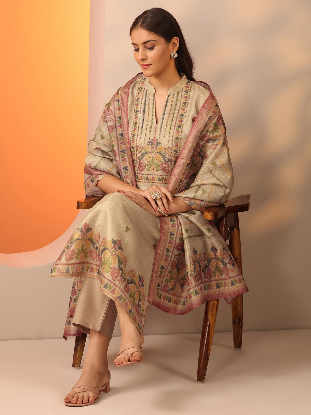 Beige Printed Silk blend Straight Suit Set With Dupatta