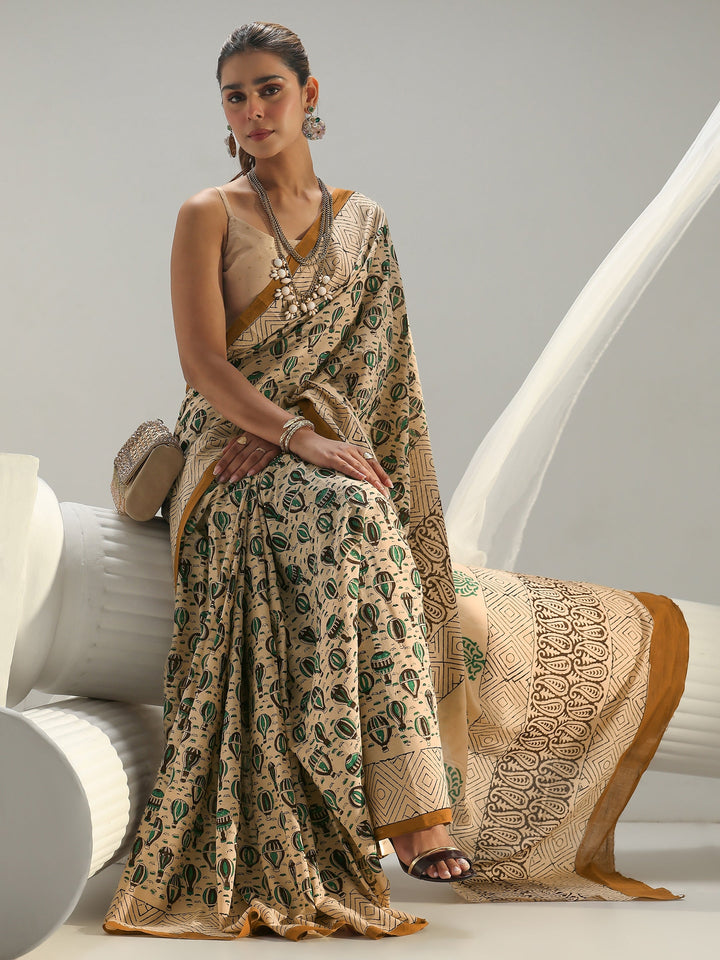 Beige Quirky Printed Cotton Saree