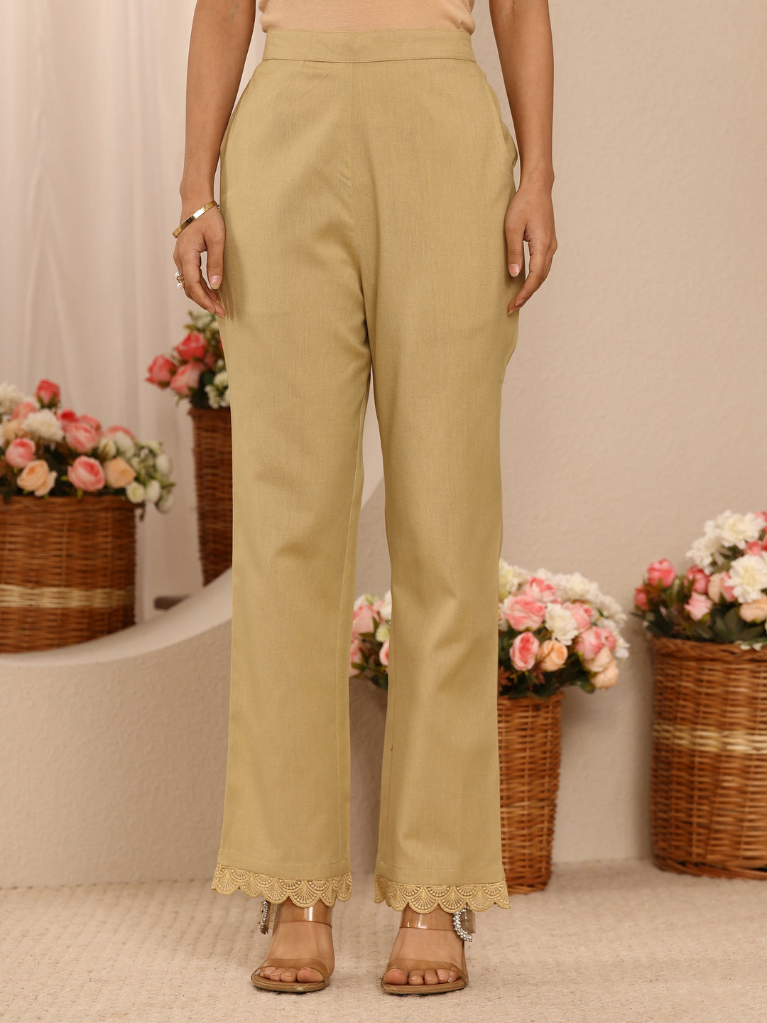 Beige Solid Cotton Trousers