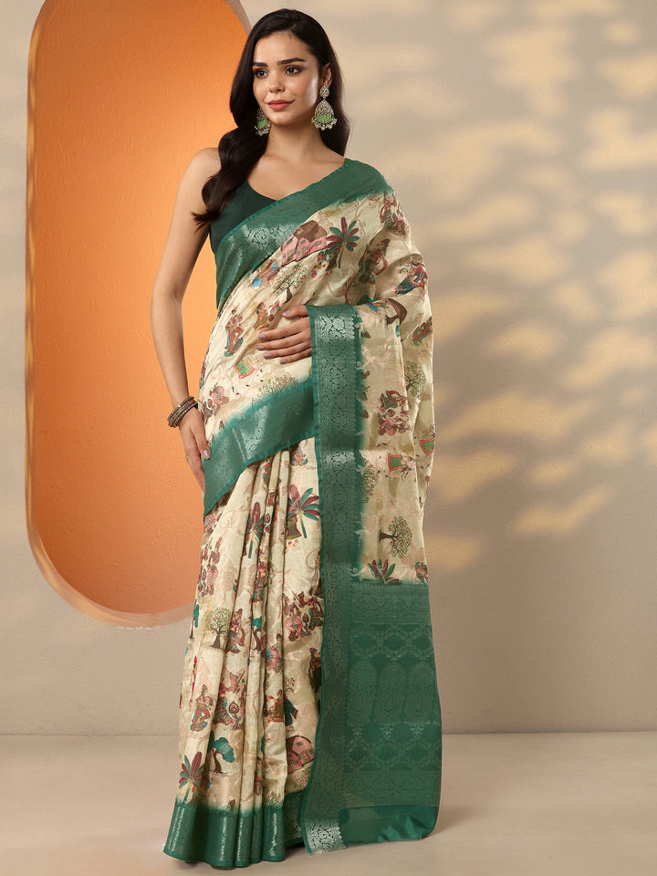 Beige Tribal Printed Silk Blend Saree With Unstitched Blouse Piece