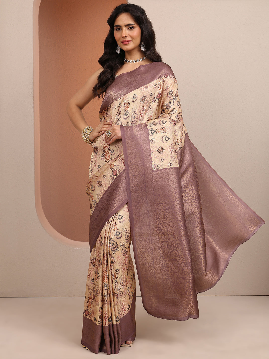 Beige Woven Design Banarsi Silk Blend Saree With Unstitched Blouse Piece