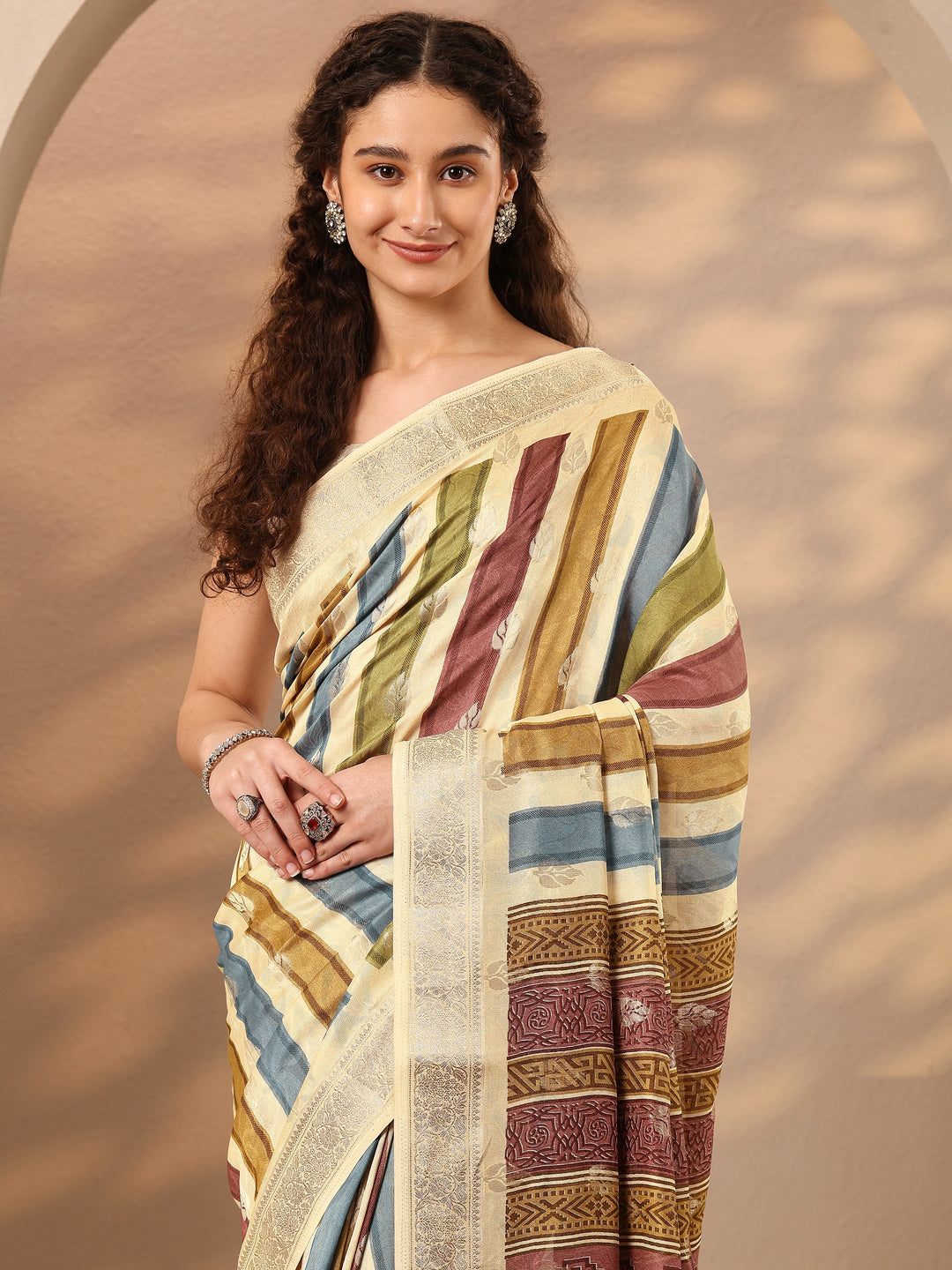 Beige Woven Design Silk Blend Saree With Unstitched Blouse Piece
