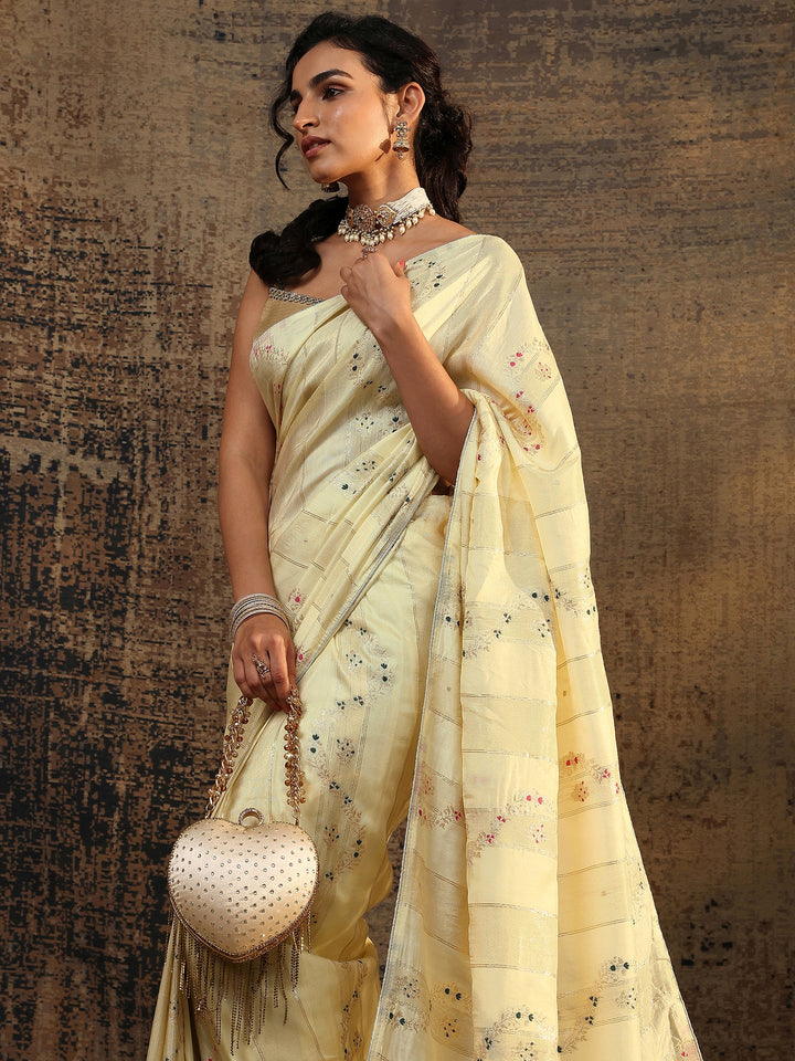 Beige Woven Design Silk Blend Saree With Unstitched Blouse Piece