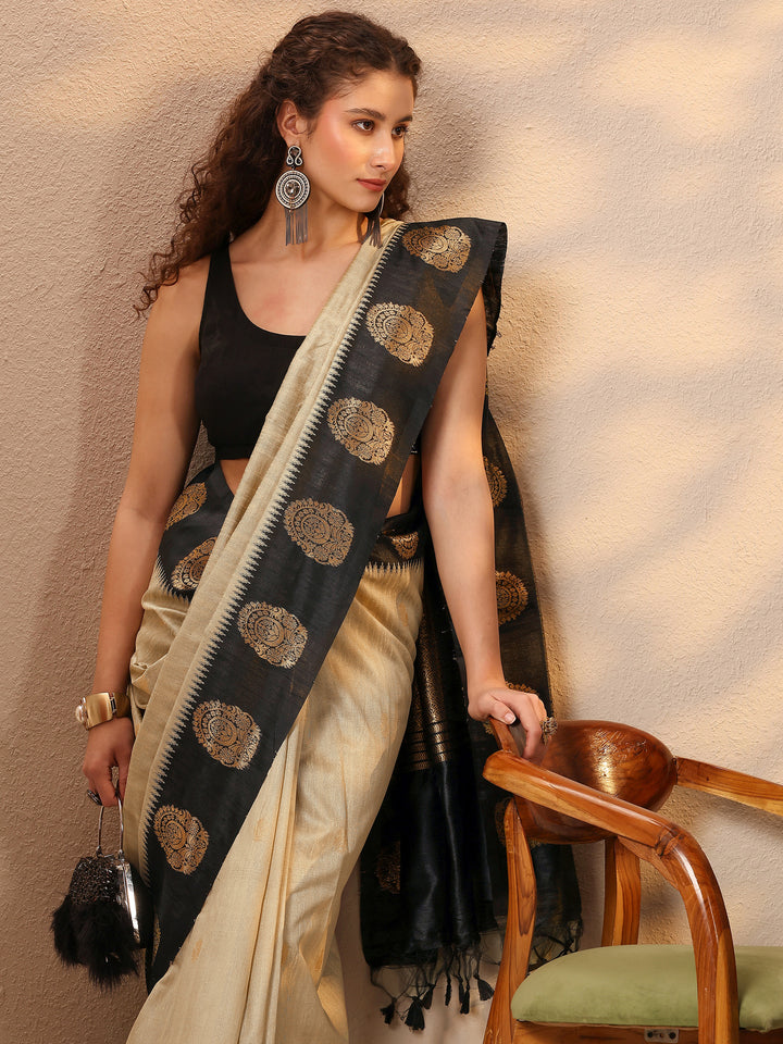 Beige Woven Design Silk Blend Saree With Unstitched Blouse Piece