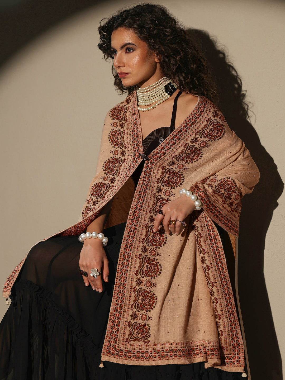 Beige Woven Design Wool Women's Shawl