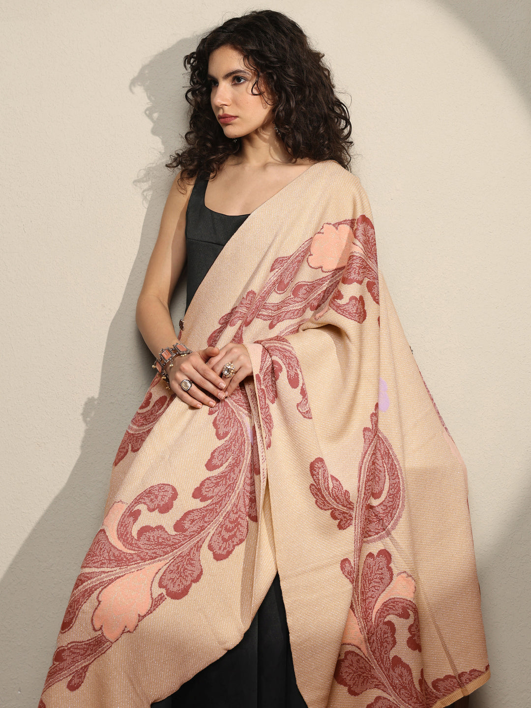 Beige Woven Design Wool Women's Shawl