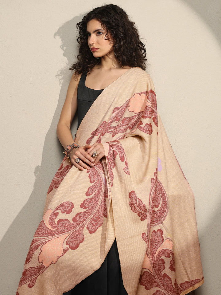 Beige Woven Design Wool Women's Shawl