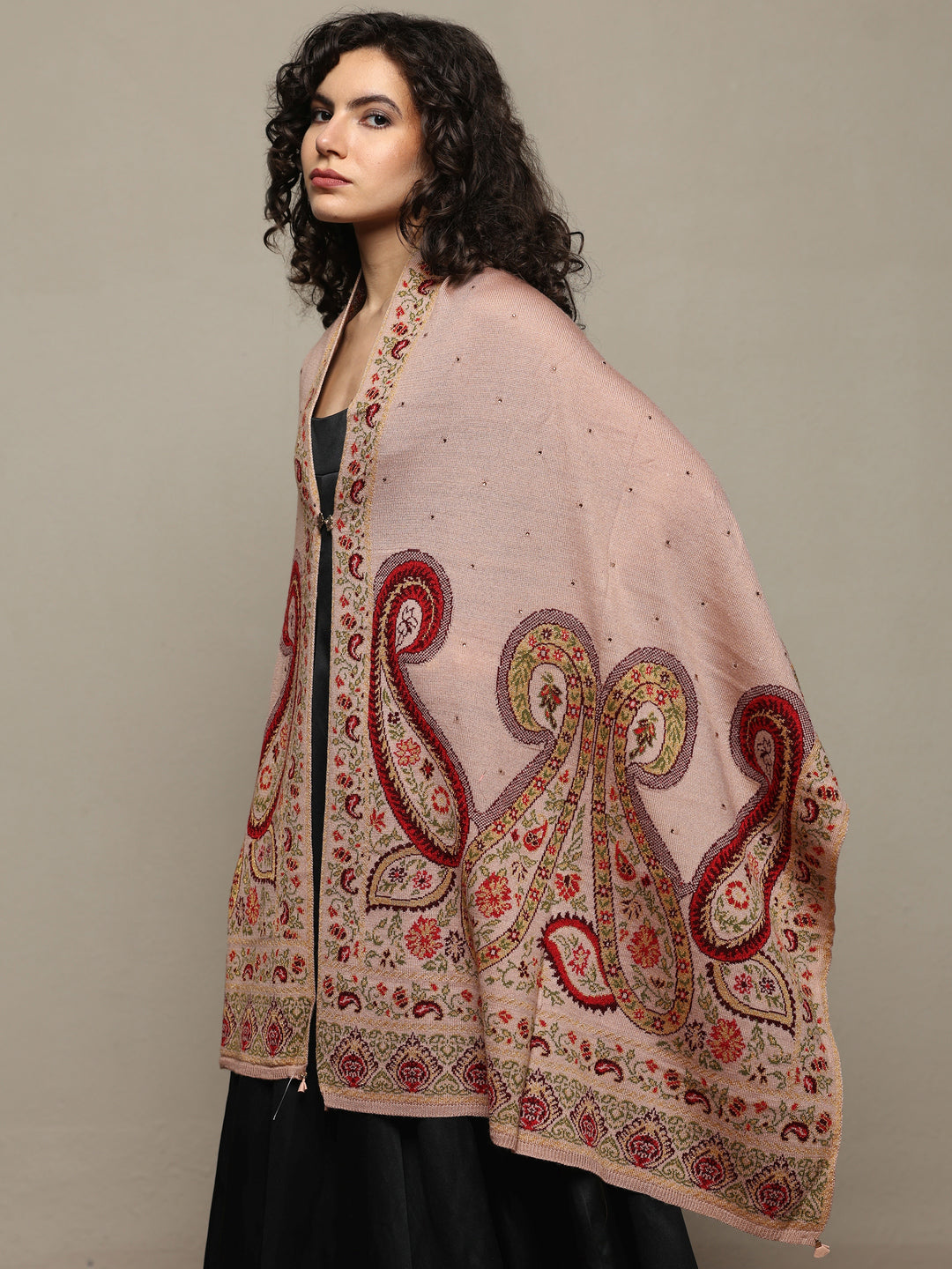 Beige Woven Design Wool Wrap Shawl