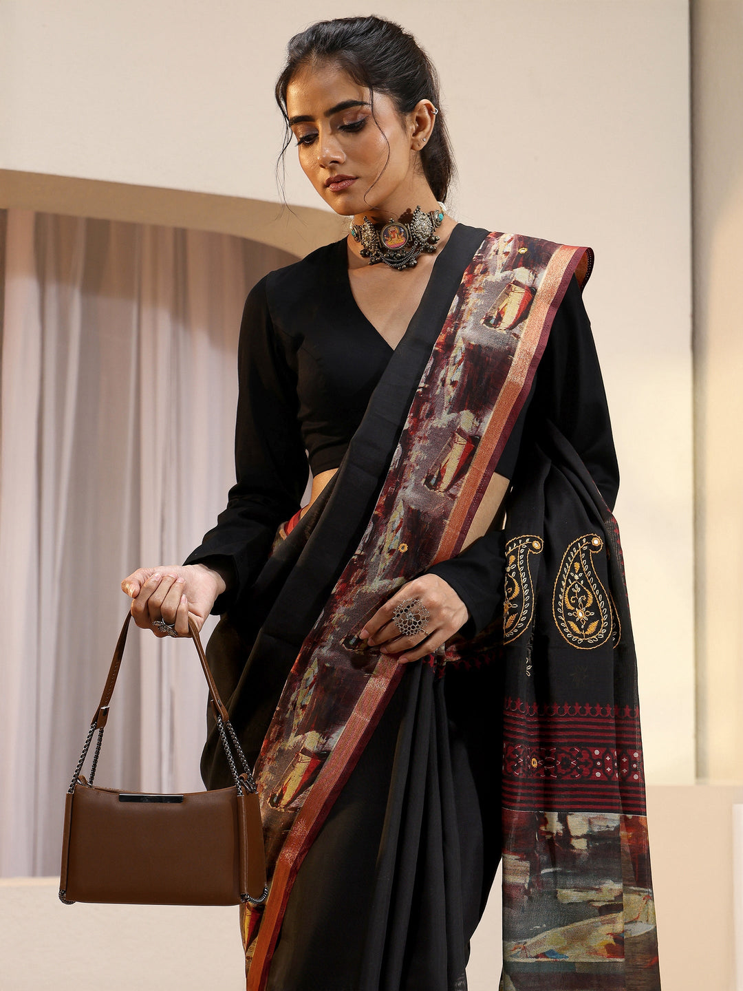 Black Abstract Art Print Silk Blend Saree