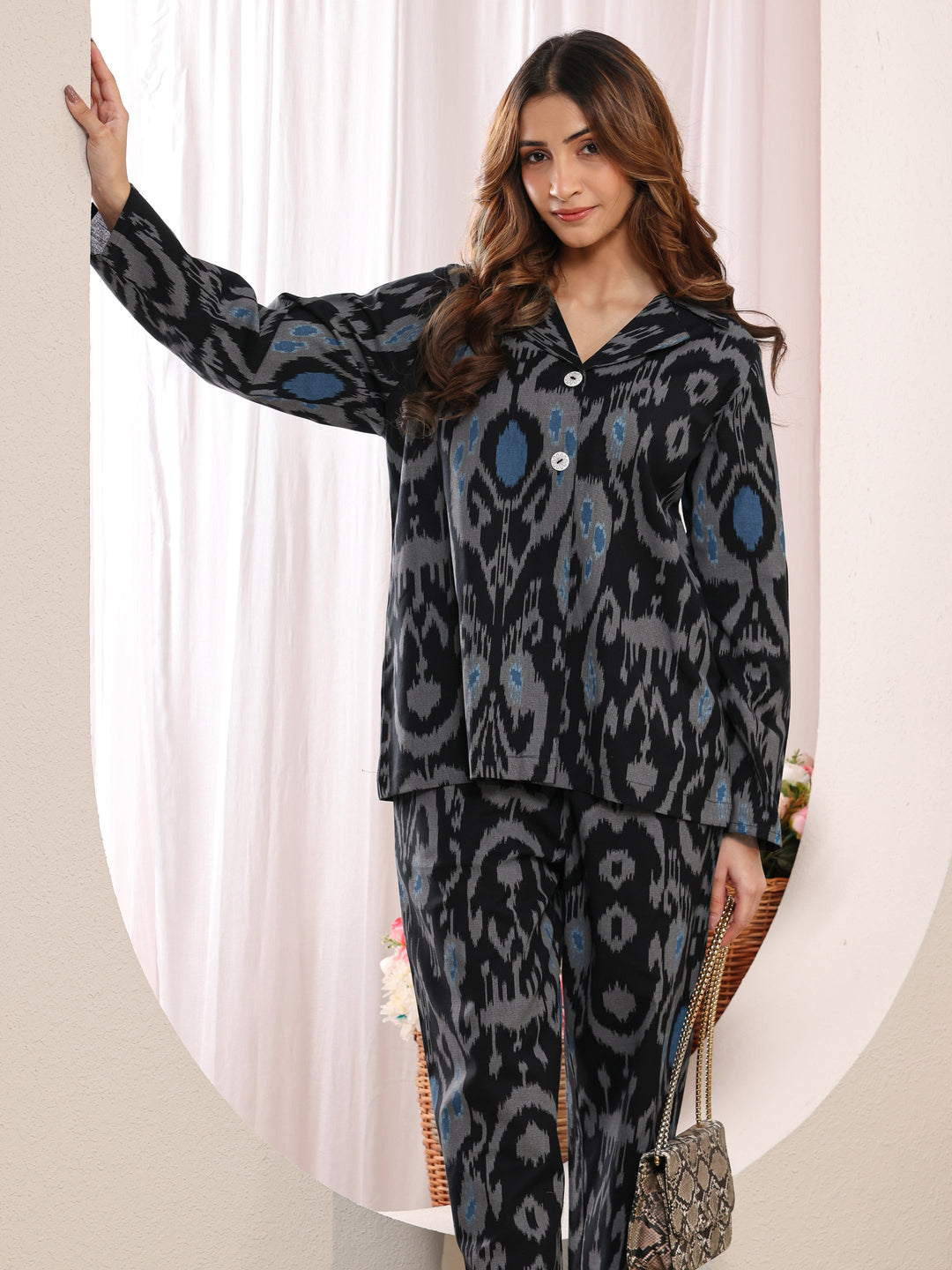 Black Abstract Printed Cotton Blend Co-Ord Set
