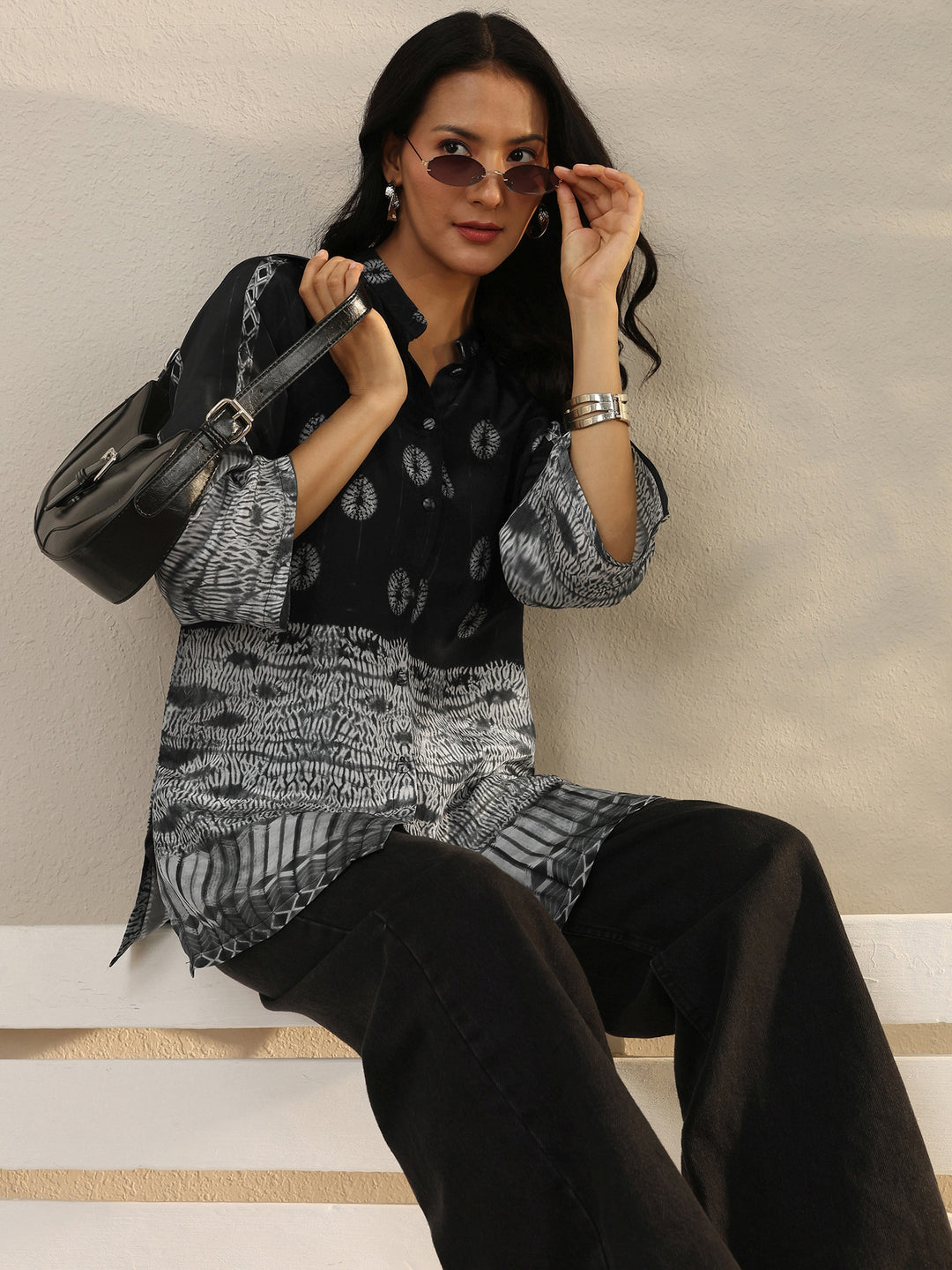 Black Abstract Printed Crepe Shirt