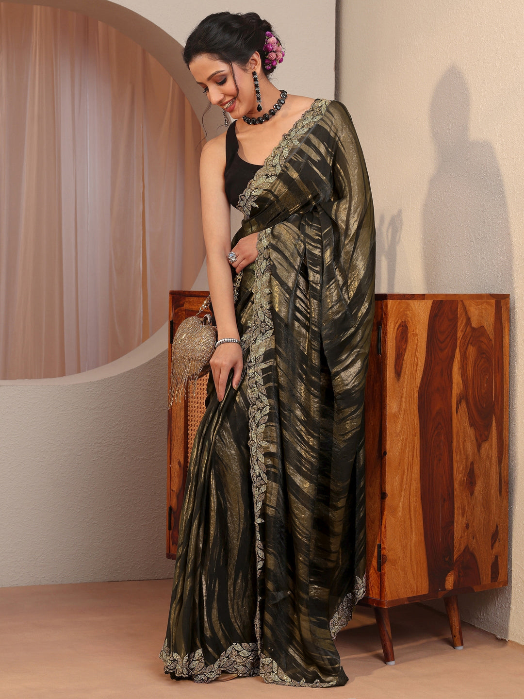 Black And Golden Tissue Saree With Embellished Border