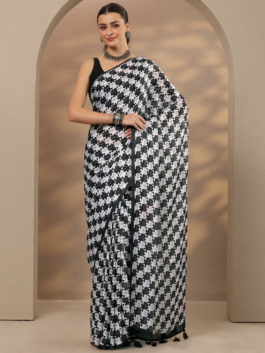Black Animal Printed Satin Saree With Unstitched Blouse Piece