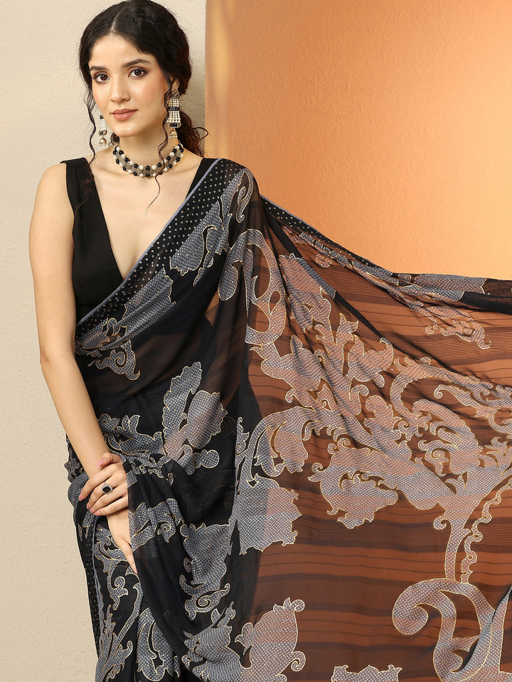 Black Bandhani Printed Georgette Saree With Unstitched Blouse Piece