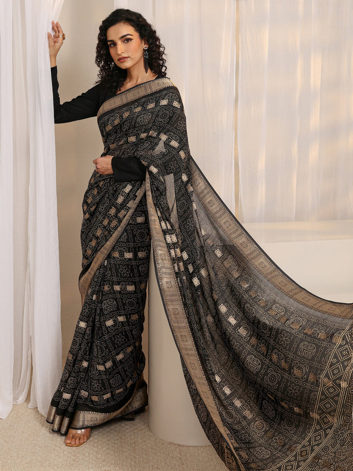 Black Bandhani Printed Silk Blend Saree 
With Unstitched Blouse Piece