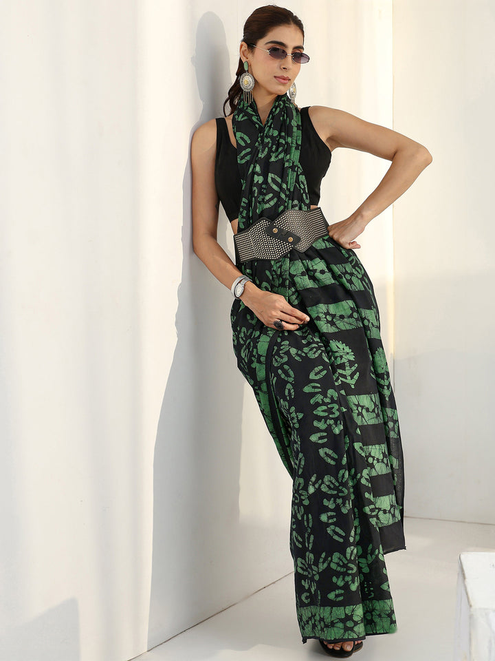 Black Batik Printed Cotton Saree