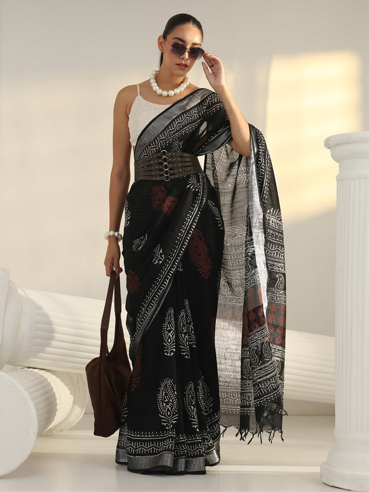 Black Block Print Cotton Saree