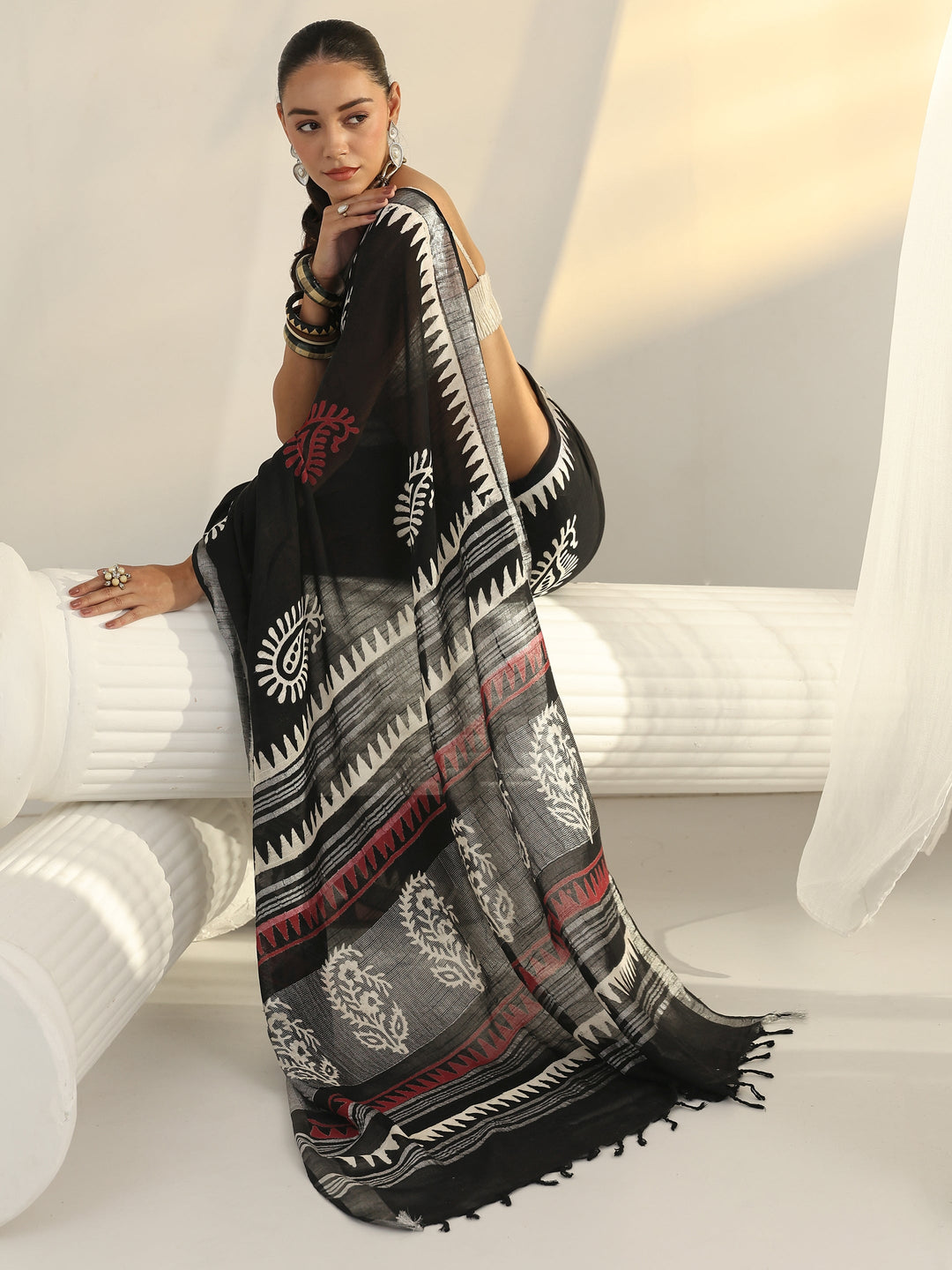 Black Block Print Cotton Saree