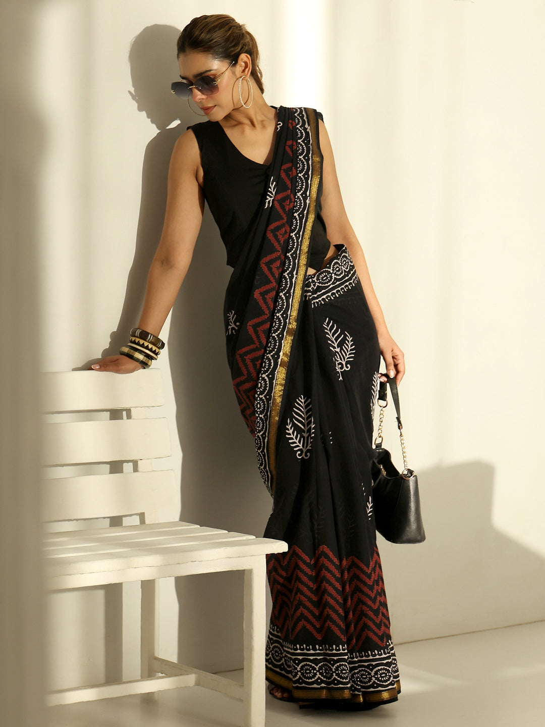 Black Block Print Cotton Saree