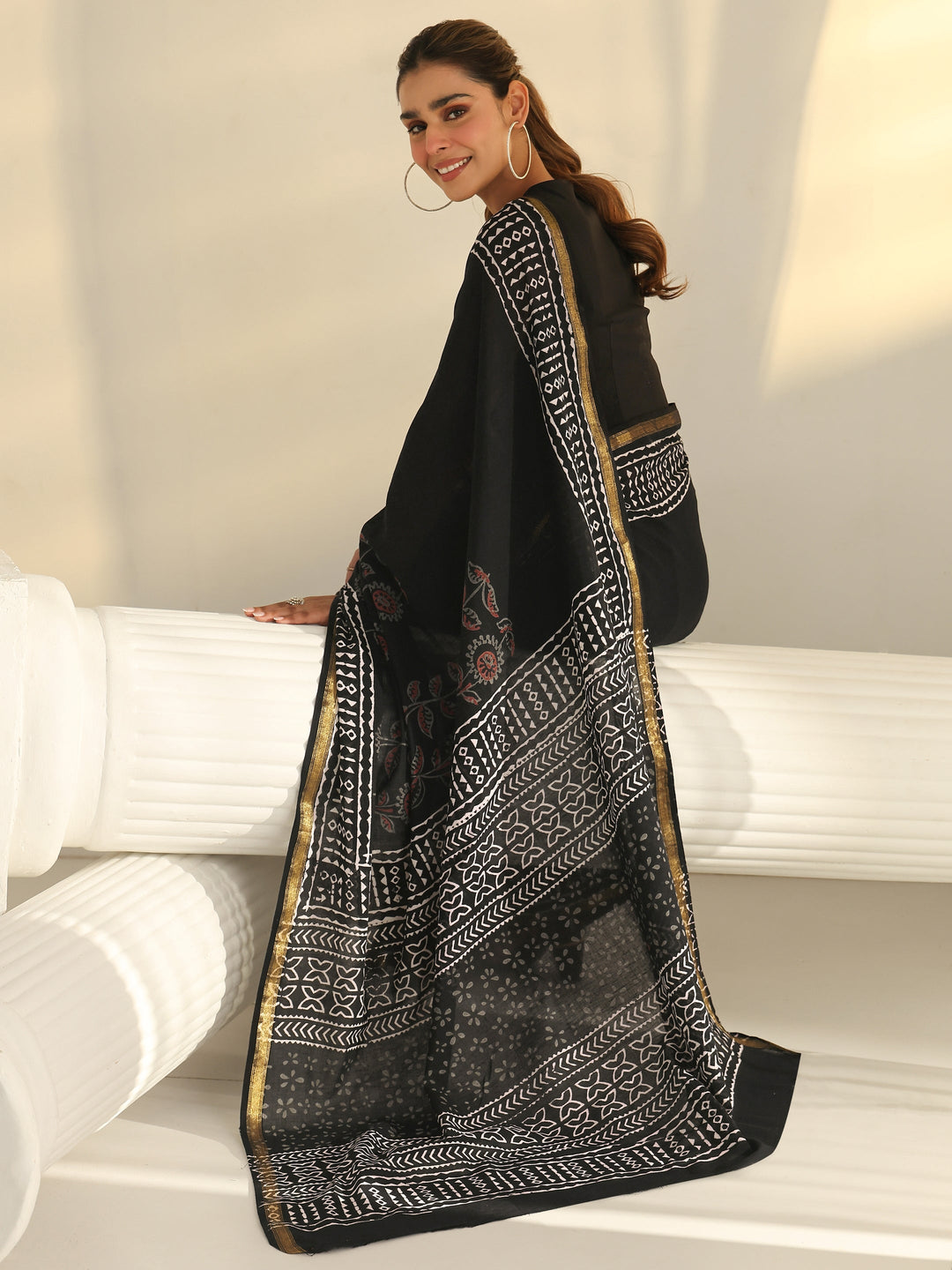 Black Block Print Cotton Saree