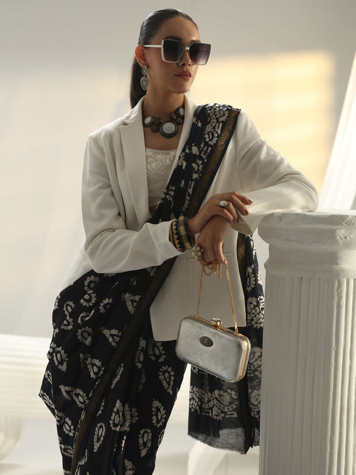 Black Block Print Cotton Saree