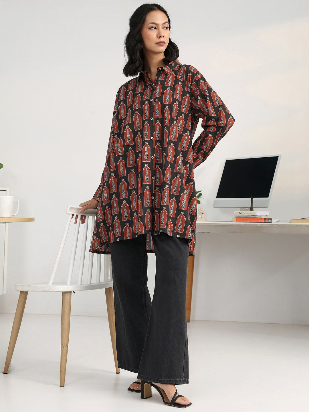 Vintage Black Printed Longline Cotton Blend Button Down Shirt