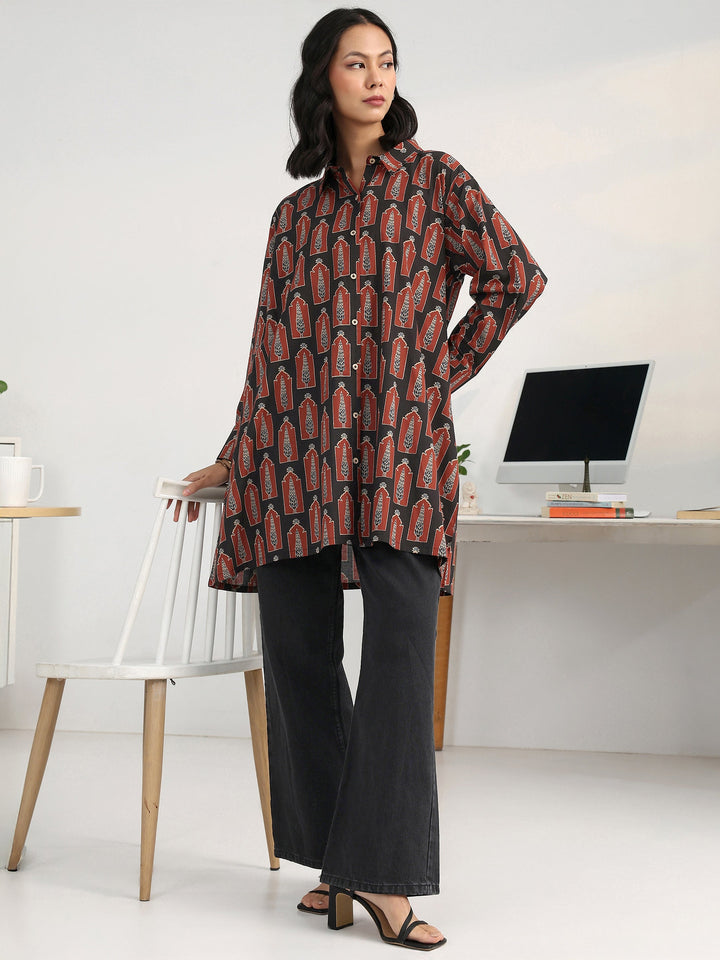 Vintage Black Printed Longline Cotton Blend Button Down Shirt