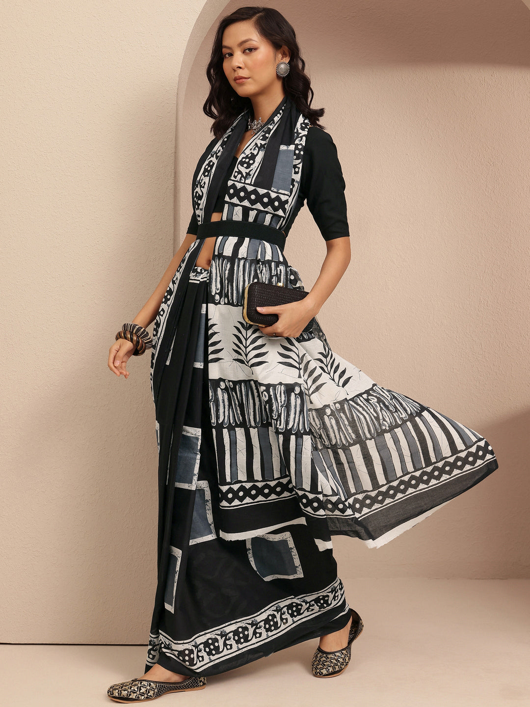 Black Block Printed Cotton Saree With Unstitched Blouse Piece