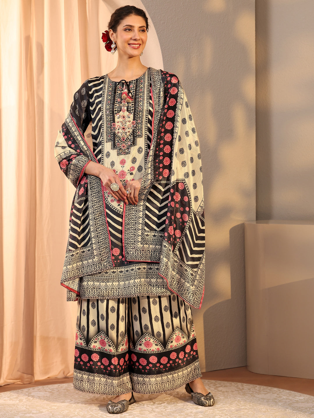 Black Chevron Printed Chinon Straight Suit Set With Dupatta