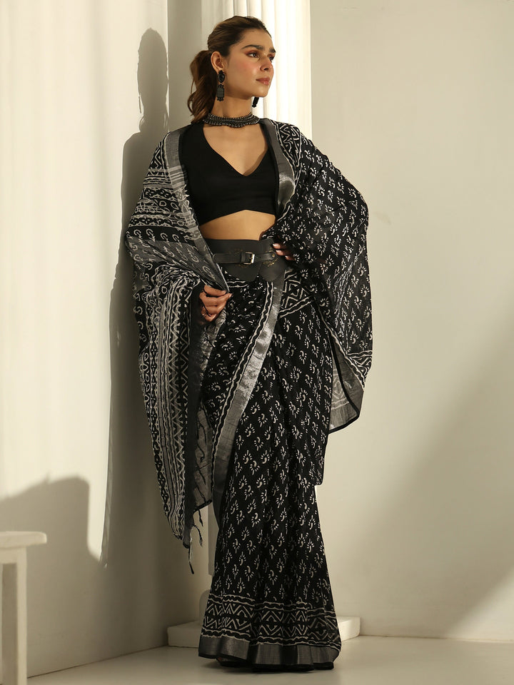 Black Dabu Print Cotton Saree