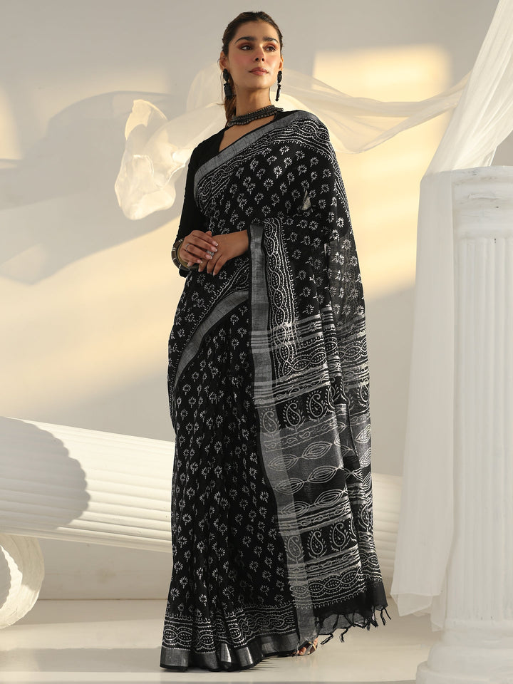 Black Dabu Print Cotton Saree