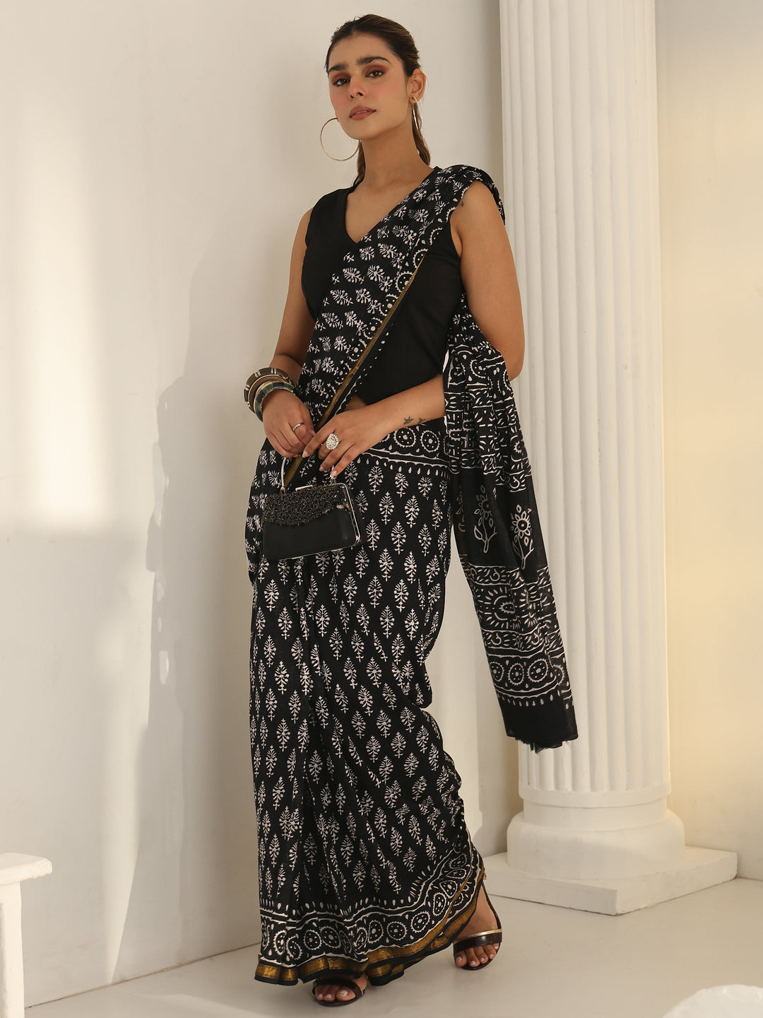 Black Dabu Print Cotton Saree