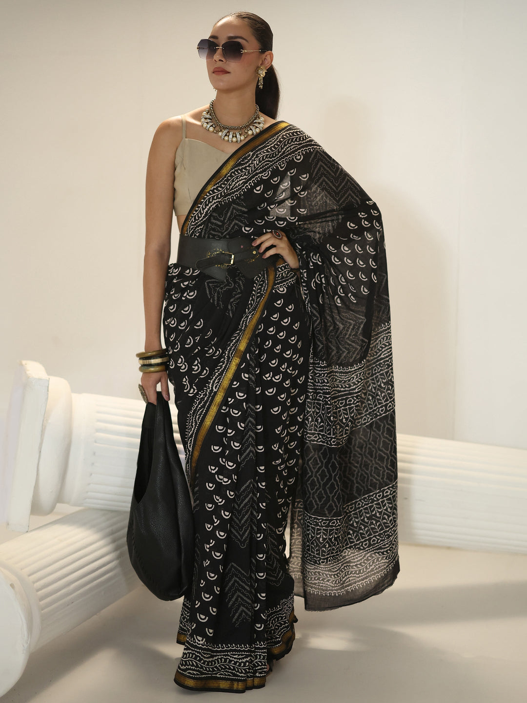 Black Dabu Print Cotton Saree