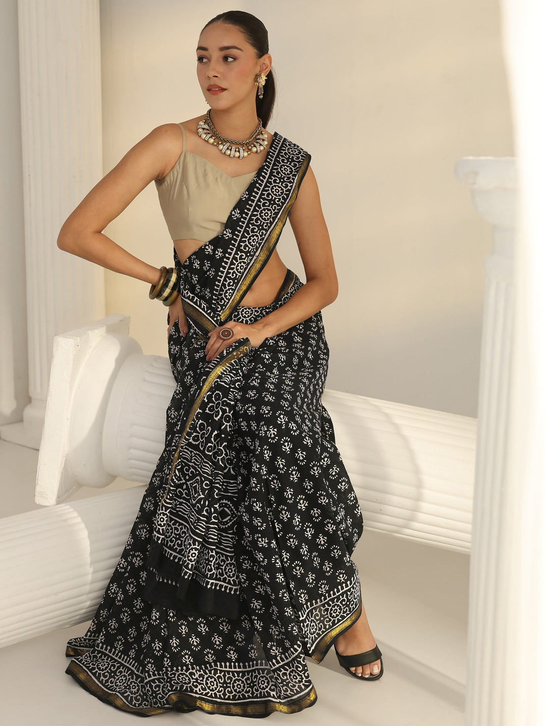 Black Dabu Print Cotton Saree