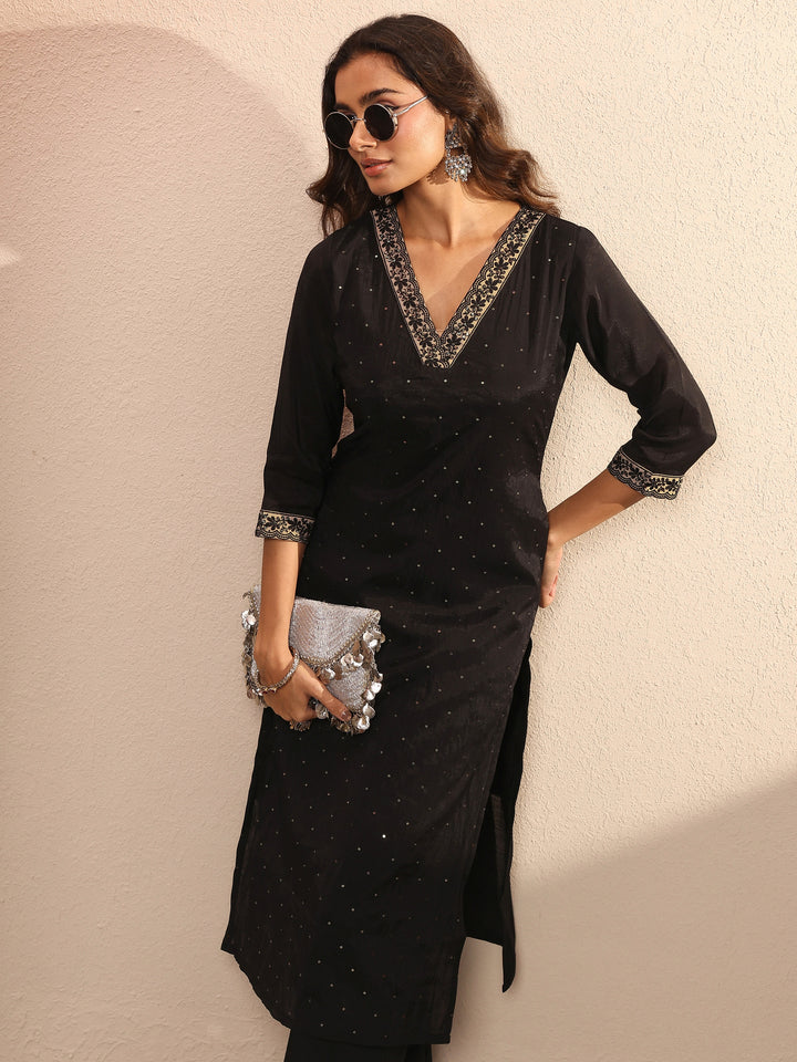 Black Embellished Chanderi Cotton Straight Kurta