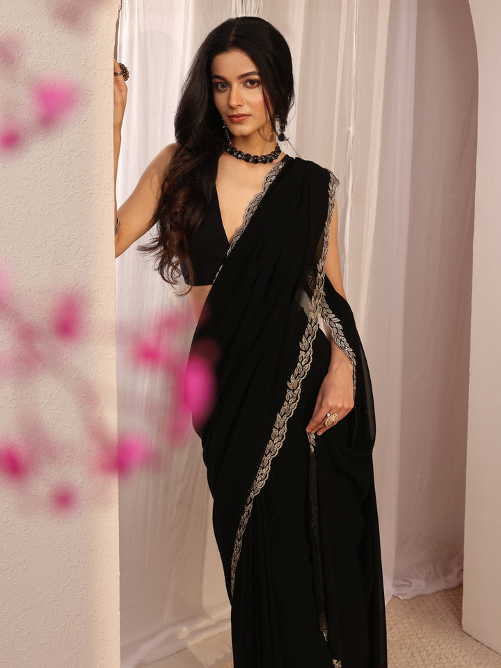 Libas Black Embellished Georgette Saree With Unstiched Blouse Piece