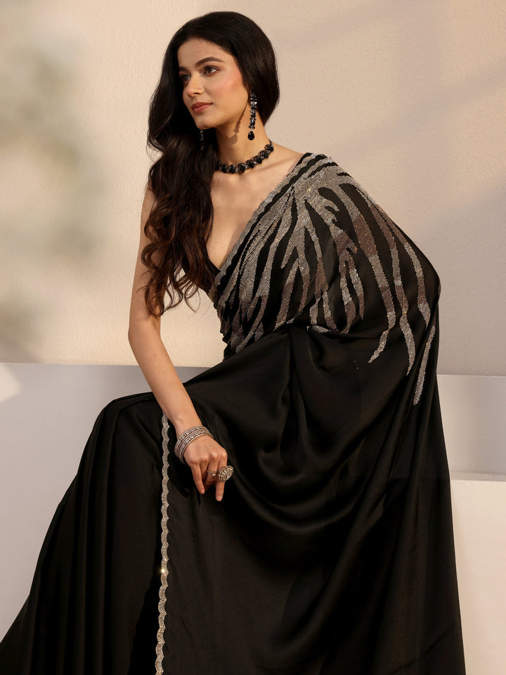 Libas Black Embellished Satin Saree With Unstiched Blouse Piece