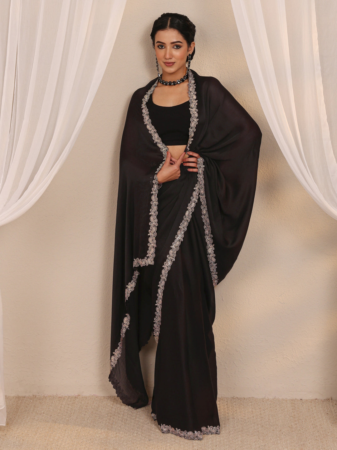 Black Embellished Satin Saree With Unstitched Blouse Piece