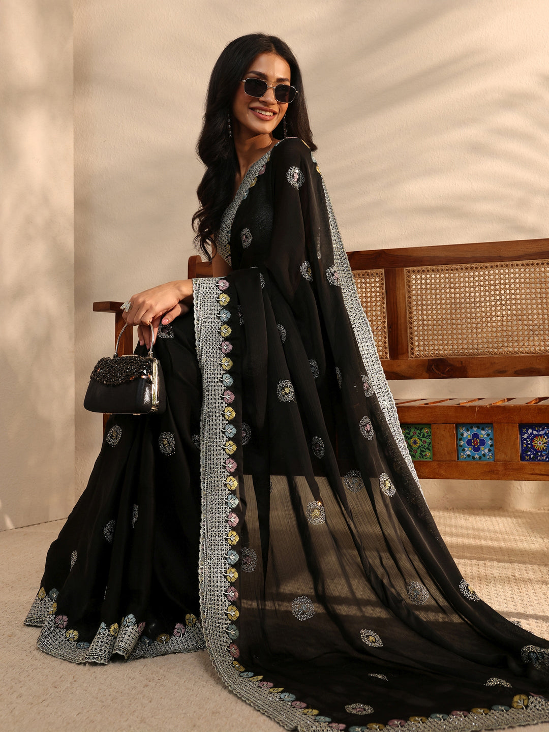 Black Embellished Satin Saree With Unstitched Blouse Piece