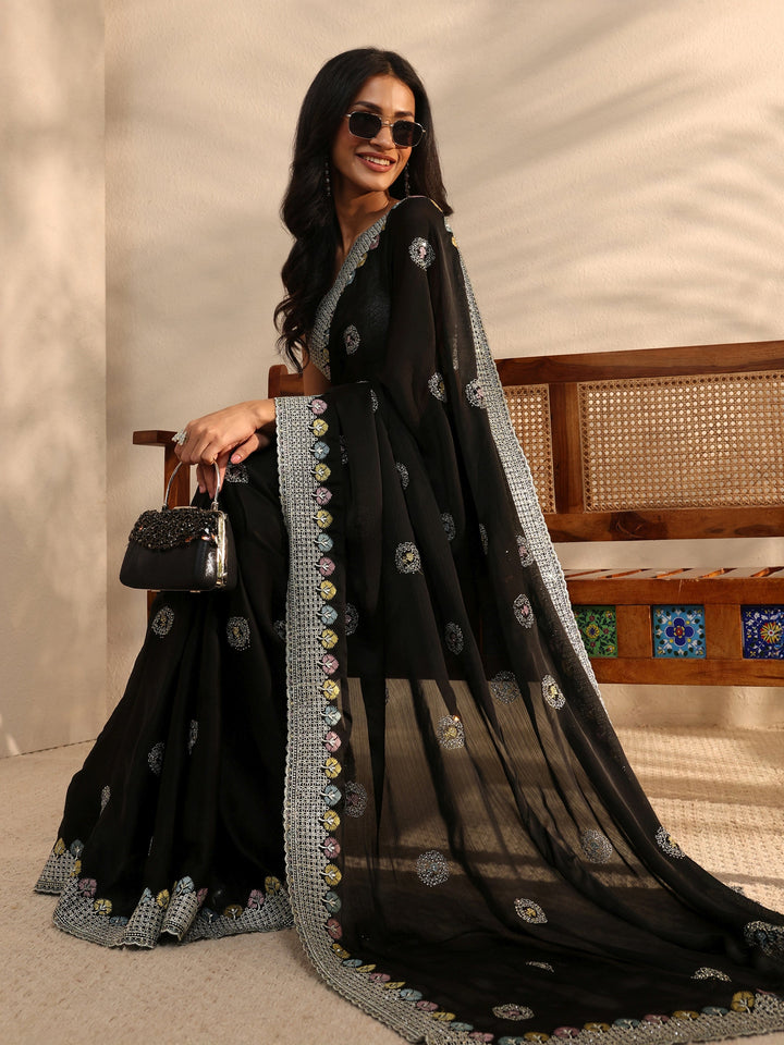 Black Embellished Satin Saree With Unstitched Blouse Piece