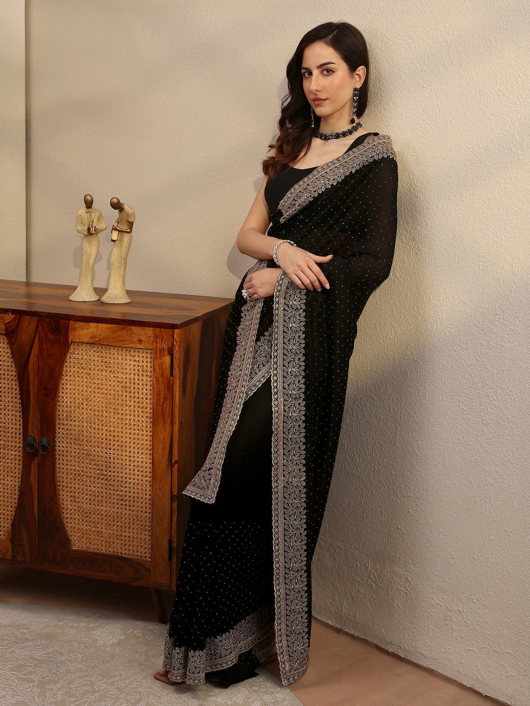 Black Embellished Silk Blend Saree