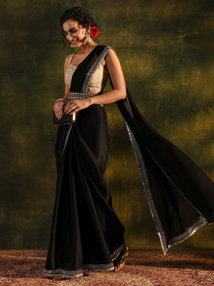 Black Embellished Silk Blend Saree With Unstitched Blouse Piece