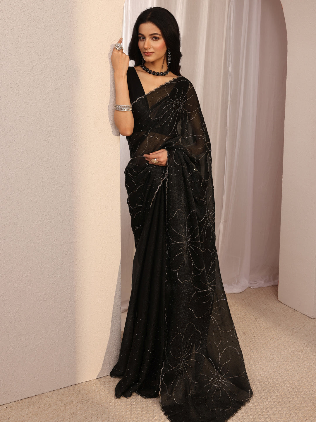 Libas Black Embellished Tissue Saree With Unstiched Blouse Piece
