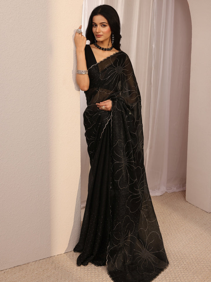 Libas Black Embellished Tissue Saree With Unstiched Blouse Piece
