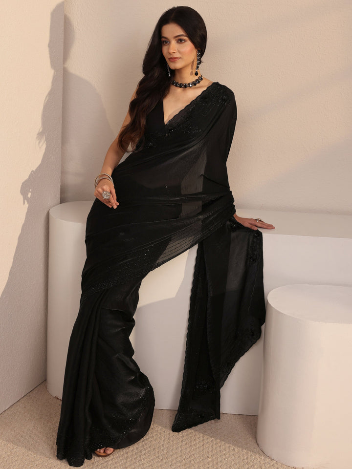 Libas Black Embellished Tissue Saree With Unstiched Blouse Piece